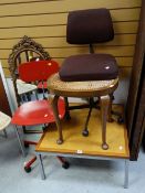 A parcel of furniture including small metal leg square coffee table, rattan seated stool, mirror &