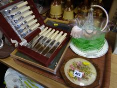 Boxed set of fish knives & forks, coloured glass etc