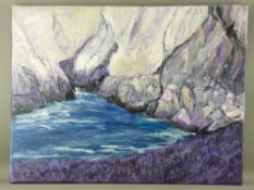 MAVIS GWILLIAM acrylic on canvas - Anglesey rocky coastal scene, Porth Penrhyn Mawr, signed, 45 x 60
