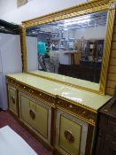A LARGE ITALIAN STYLE GILT DECORATED MIRROR BACK SIDEBOARD, 216 cms high overall, 221 cms wide