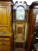 A LATE 19th CENTURY OAK & MAHOGANY LONGCASE CLOCK having a painted arched dial and eight day