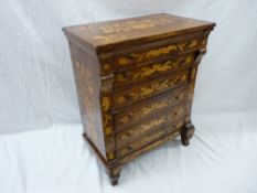 A DUTCH STYLE MARQUETRY INLAID APPRENTICE CHEST of six drawers on shaped supports, the whole