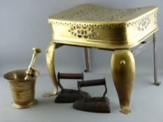 A VICTORIAN BRASS & IRON FOOTMAN, an antique brass pestle and mortar and two vintage Siddons flat