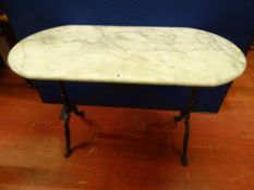 A VICTORIAN MARBLE TOP CONSERVATORY/HOT HOUSE TABLE, the rectangular veined top with curved ends, on