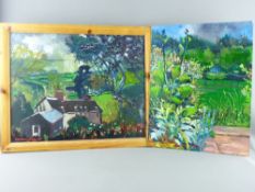 JOHN CHERRINGTON oils on board, two - colourful flowers in a garden (unframed), initialled and dated