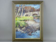 IFOR PRITCHARD (renowned Welsh slate quarry artist) oil on board - bridge scene and birch trees,
