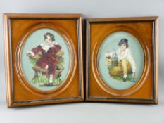 TWO MAHOGANY & EBONIZED PORTRAIT FRAMES containing woolwork oval pictures of young boys, 35 and 36
