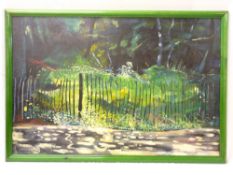 JOHN CHERRINGTON oil on board - treescape with rickety fence by a lane, signed and dated 1976, 60