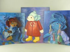 JOHN CHERRINGTON oils on board, three, all unframed - 1. seated doll like figure with startled eyes,