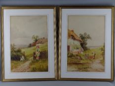 J BARCLAY watercolours, a pair - rural scenes 1. young red bonneted girl near thatched cottage by
