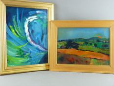 JOHN CHERRINGTON oils on board, two - expansive landscape with setting sun over a hill, signed, 24.5