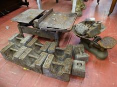 A LARGE SET OF CAST IRON SCALES, a vintage set of Avery kitchen scales and arrangements of various