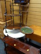 Two reproduction whatnots, a white painted circular table, a tripod table etc