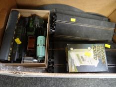 A box containing large collection of Scalextric & Hornby railway equipment including track,
