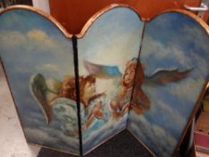 A wooden & gilt triple sectioned short screen with painted decoration of young girls as angels
