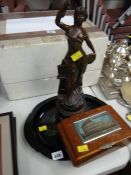 A spelter classical figure together with a small metal tray & a wooden trinket box of Rome with