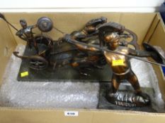 Two bronze effect figures including a chariot & rider together with a gladiator, all on marble