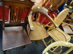 A vintage elm revolving captains / office chair, a bamboo & wicker rocker & a mahogany hall chair