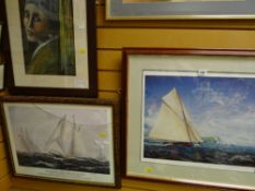 Two framed marine prints & a pastel portrait