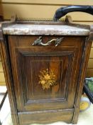 An antique rosewood pedonium with marquetry panel & marble top with gallery