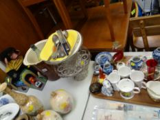 A quantity of china, glass cake stand, bread crock, toy monkey etc