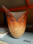 A Nick Orsler contemporary art glass tulip-form vase in cloudy amber with applied drizzle effect,
