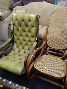 A light green button backed leather effect & studded armchair together with a bentwood & wicker