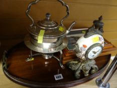 An EPNS kettle on stand, a vintage mahogany oval tea tray together with modern clock & prints etc