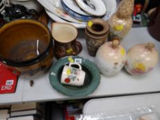 A Royal Doulton Autumn jardiniere (A/F), a Royal Doulton coronation commemorative jug, a trio of