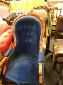 A spoon backed & upholstered armchair together with another small armchair & decorated fire guard