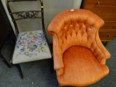 Small scroll back & button back parlour chair together with a carved & decorated dining chair