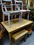 Parcel of furniture to include light oak breakfast table, two painted chairs & two side tables