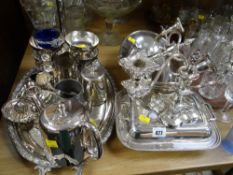 A parcel of good quality EPNS including large centre dish, candelabra, decorative tray, various jugs