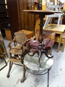 A marble top circular table, a tripod table & a metamorphic high chair (distressed)