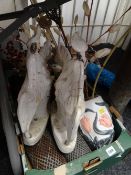 A box containing two Staffordshire flat backs, modern vases, soda siphons together with a metal