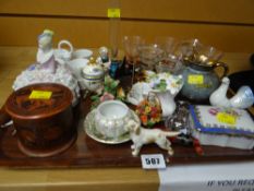A tray of novelty items including china ornaments, cocktail glasses, trinket boxes etc
