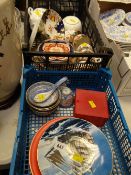 Two small crates of collector's plates, Oriental ceramics & Staffordshire English teaware