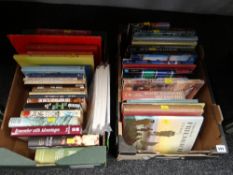 Two boxes of hardback books concerning war time together with stained glass & books of antique