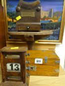 A good parcel of treen items including a cheese stand, oak desk calendar, letter rack & wooden box