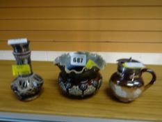 A Doulton Lambeth pepperette with silver top, similar mustard jug & a Doulton Lambeth frill edged