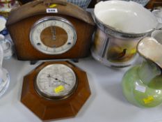 A vintage oak mantel clock together with a barometer & a Crown Devon jardiniere & pottery jug etc