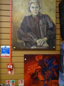 Large oil on canvas of a seated lady together with an abstract still life of flowers in a vase & a