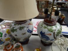 Two good decorative Oriental porcelain table lamp bases & shades