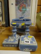 A parcel of Wedgwood blue & white Jasperware including candlesticks, bowl, trinket boxes etc
