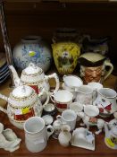 A pair of pottery vases, blue & white willow pattern jug & a Royal Doulton character jug 'Sam
