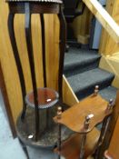 A vintage carved two-tier plant stand, a circular table & a whatnot