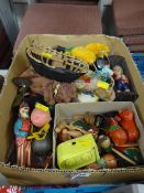 A box of small vintage child's toys including tin plate, figurines etc together with a boxed Star