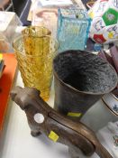 A novelty metallic canine nutcracker, four textured glass vases & a metallic vessel
