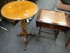 An antique barley-twist tripod table & a reproduction drop flap single-drawer table