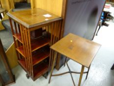 An antique mahogany rotating bookcase & a square topped table